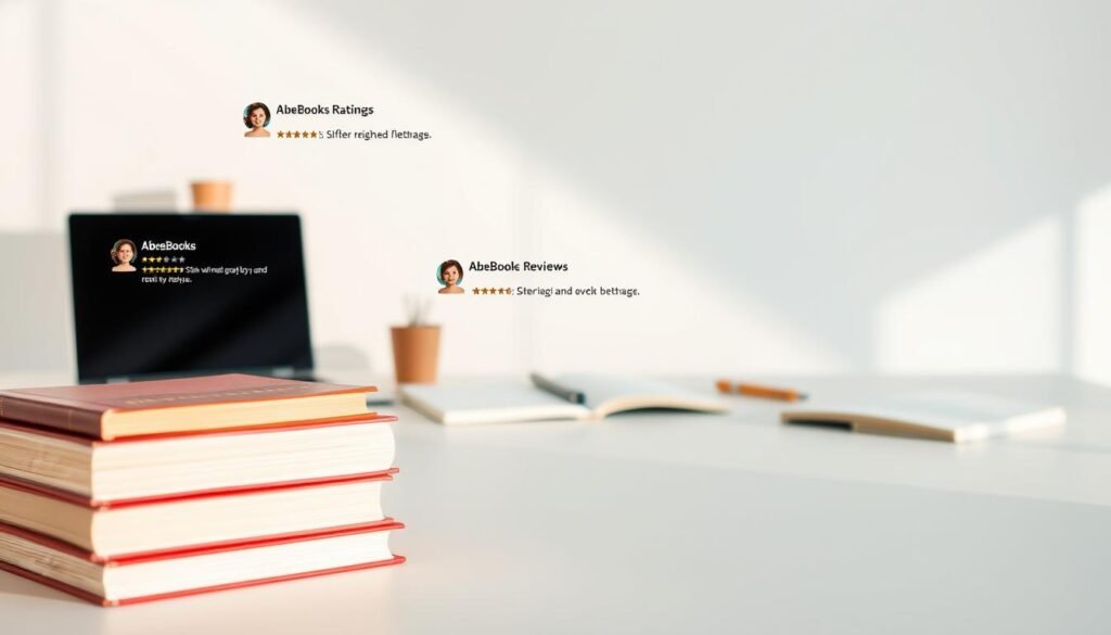 A sleek, modern desktop display showcasing AbeBooks customer reviews. In the foreground, a stack of hardcover books with thoughtful expressions and ratings floating above them, conveying a sense of genuine user feedback. The middle ground features a minimalist, light-filled workspace with a laptop, pen, and notebook, hinting at the research and contemplation behind these assessments. The background blurs into a clean, white space, allowing the reviews to take center stage. Soft, directional lighting casts subtle shadows, creating depth and a professional, trustworthy atmosphere. The overall composition promotes a sense of credibility and transparency, inviting the viewer to engage with the user experience of this rare and used book marketplace.