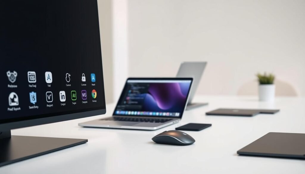 A sleek, modern digital workspace with a minimalist aesthetic. In the foreground, a high-resolution display showcases a selection of the best digital business tools, each icon meticulously crafted with clean lines and a sophisticated color palette. The middle ground features various productivity-enhancing devices such as a slim laptop, a high-end mouse, and a stylish pen tablet, all arranged in a visually appealing, harmonious composition. The background subtly suggests a minimalist office environment, with soft lighting and muted tones creating a calm, focused atmosphere. The overall scene conveys a sense of efficiency, professionalism, and the seamless integration of digital technologies for optimal business performance.