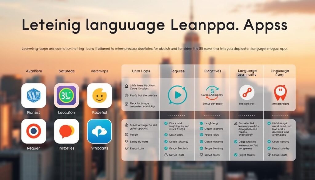 A sleek, modern infographic layout showcasing the key features and benefits of leading language learning apps. The foreground presents a clean, minimalist grid of app icons and labels, with subtle gradients and crisp, geometric shapes. The middle ground includes concise comparison charts and data visualizations, highlighting the unique offerings of each platform. The background features a subtle, blurred city skyline, conveying a sense of global connectivity and language mastery. Warm, balanced lighting casts a professional, editorial tone, captured by a high-quality camera lens at a slightly elevated angle for maximum impact. A sleek, modern infographic layout showcasing the key features and benefits of leading language learning apps. The foreground presents a clean, minimalist grid of app icons and labels, with subtle gradients and crisp, geometric shapes. The middle ground includes concise comparison charts and data visualizations, highlighting the unique offerings of each platform. The background features a subtle, blurred city skyline, conveying a sense of global connectivity and language mastery. Warm, balanced lighting casts a professional, editorial tone, captured by a high-quality camera lens at a slightly elevated angle for maximum impact.