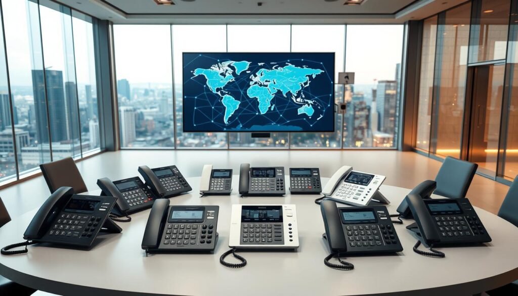 A sleek, modern office setting with a large, curved desk in the foreground. On the desk, an array of business phones in various colors - black, silver, and white - arranged in an aesthetically pleasing pattern. The phones have a minimalist, high-tech design with clean lines and intuitive controls. In the middle ground, a large world map is displayed on a wall-mounted screen, with lines connecting different continents, representing global connectivity. The lighting is soft and warm, creating a professional yet inviting atmosphere. The background features floor-to-ceiling windows overlooking a bustling city skyline, symbolizing the global reach and versatility of the business phone system.