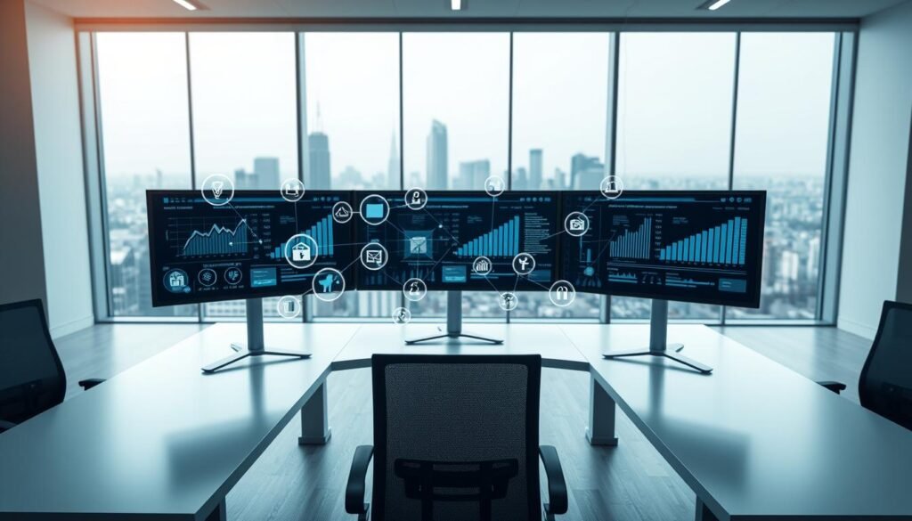 A sleek, modern office setting with a large desk showcasing various business software and tools seamlessly integrated on multiple monitors. In the foreground, digital icons and infographic elements hover over the desk, representing connected workflows and efficient data transfer. The middle ground features a minimalist, well-lit workspace with ergonomic chairs and a large window providing a view of a bustling city skyline. The background has a subtle gradient, creating a sense of depth and emphasizing the technological focus. The lighting is soft and diffused, giving the scene a professional, productive atmosphere. A sleek, modern office setting with a large desk showcasing various business software and tools seamlessly integrated on multiple monitors. In the foreground, digital icons and infographic elements hover over the desk, representing connected workflows and efficient data transfer. The middle ground features a minimalist, well-lit workspace with ergonomic chairs and a large window providing a view of a bustling city skyline. The background has a subtle gradient, creating a sense of depth and emphasizing the technological focus. The lighting is soft and diffused, giving the scene a professional, productive atmosphere.