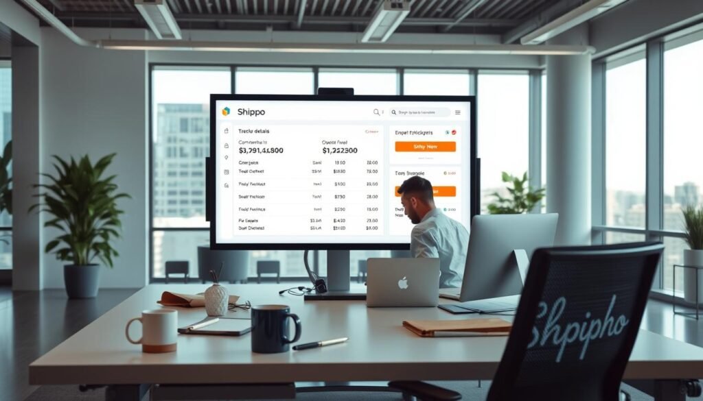 A sleek, modern office setting with a large monitor displaying tracking details and discounts. In the foreground, an ergonomic desk with a laptop, coffee mug, and office supplies, creating a productive, organized atmosphere. The middle ground features a person intently focused on the screen, showcasing the user-friendly Shippo interface. The background has floor-to-ceiling windows, allowing natural light to flood the space and create a sense of openness and professionalism. The lighting is soft and balanced, highlighting the clean lines and minimalist design. The overall scene conveys efficiency, reliability, and the seamless tracking and discounting capabilities of Shippo's shipping services. A sleek, modern office setting with a large monitor displaying tracking details and discounts. In the foreground, an ergonomic desk with a laptop, coffee mug, and office supplies, creating a productive, organized atmosphere. The middle ground features a person intently focused on the screen, showcasing the user-friendly Shippo interface. The background has floor-to-ceiling windows, allowing natural light to flood the space and create a sense of openness and professionalism. The lighting is soft and balanced, highlighting the clean lines and minimalist design. The overall scene conveys efficiency, reliability, and the seamless tracking and discounting capabilities of Shippo's shipping services.