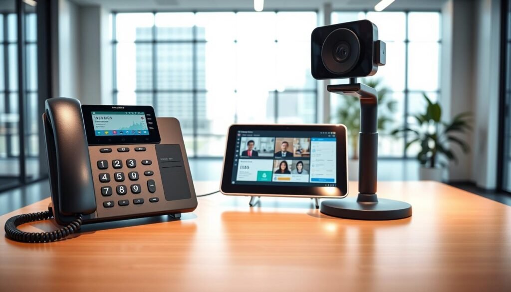 A sleek, modern office space with a prominent desk showcasing an array of state-of-the-art business phone features. In the foreground, a premium desk phone with a large touchscreen display, advanced calling capabilities, and intuitive controls. On the desk, a tablet-like device displaying a comprehensive dashboard of phone system settings and analytics. In the middle ground, a high-quality webcam and microphone setup for seamless video conferencing. The background features floor-to-ceiling windows, allowing natural light to flood the room and create a professional, well-lit ambiance. The overall scene conveys a sense of efficiency, connectivity, and technological sophistication befitting a premier business phone solution. A sleek, modern office space with a prominent desk showcasing an array of state-of-the-art business phone features. In the foreground, a premium desk phone with a large touchscreen display, advanced calling capabilities, and intuitive controls. On the desk, a tablet-like device displaying a comprehensive dashboard of phone system settings and analytics. In the middle ground, a high-quality webcam and microphone setup for seamless video conferencing. The background features floor-to-ceiling windows, allowing natural light to flood the room and create a professional, well-lit ambiance. The overall scene conveys a sense of efficiency, connectivity, and technological sophistication befitting a premier business phone solution.