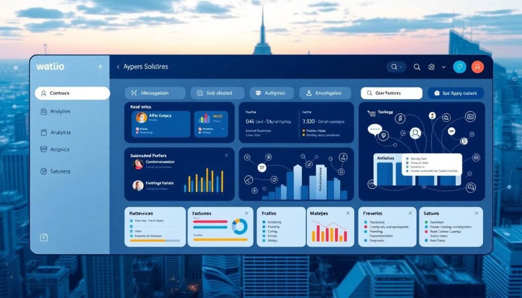 A sleek, modern platform interface showcasing the key features of Wati.io's business communication solutions. In the foreground, a minimalist dashboard displays intuitive controls and analytics, surrounded by colorful infographic elements. The middle ground features elegant illustrations of messaging, automation, and collaboration tools. In the background, a cityscape with skyscrapers and digital networks suggests the platform's enterprise-level capabilities. The overall atmosphere is professional, efficient, and technology-forward, reflecting Wati.io's ability to streamline business communication and enhance commercial connectivity. A sleek, modern platform interface showcasing the key features of Wati.io's business communication solutions. In the foreground, a minimalist dashboard displays intuitive controls and analytics, surrounded by colorful infographic elements. The middle ground features elegant illustrations of messaging, automation, and collaboration tools. In the background, a cityscape with skyscrapers and digital networks suggests the platform's enterprise-level capabilities. The overall atmosphere is professional, efficient, and technology-forward, reflecting Wati.io's ability to streamline business communication and enhance commercial connectivity.