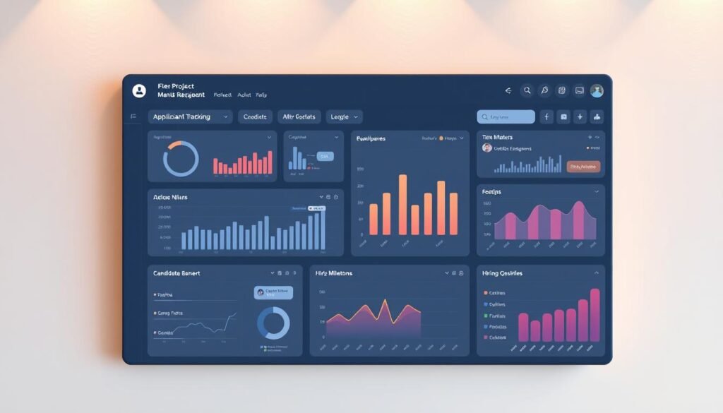 A sleek, modern project management dashboard set against a clean, minimalist background. The dashboard features various metrics and analytics displayed in clear, intuitive visualizations - charts, graphs, and interactive elements. The interface is designed with a focus on user-friendliness and data-driven decision making, allowing recruiters to quickly assess the health of their talent pipeline. Warm, directional lighting illuminates the dashboard, creating a professional and productive atmosphere. The layout is well-organized, with distinct sections for key data points such as applicant tracking, candidate engagement, and hiring milestones. An elegant, responsive design ensures the dashboard is accessible and informative across devices, empowering recruiters to make informed, data-driven decisions. A sleek, modern project management dashboard set against a clean, minimalist background. The dashboard features various metrics and analytics displayed in clear, intuitive visualizations - charts, graphs, and interactive elements. The interface is designed with a focus on user-friendliness and data-driven decision making, allowing recruiters to quickly assess the health of their talent pipeline. Warm, directional lighting illuminates the dashboard, creating a professional and productive atmosphere. The layout is well-organized, with distinct sections for key data points such as applicant tracking, candidate engagement, and hiring milestones. An elegant, responsive design ensures the dashboard is accessible and informative across devices, empowering recruiters to make informed, data-driven decisions.