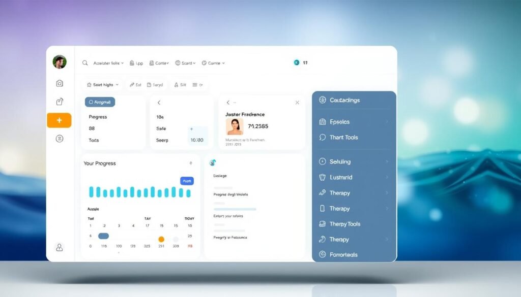 A sleek, modern therapy platform dashboard with a clean, intuitive interface. The foreground features a central dashboard panel with customizable widgets displaying user progress, session scheduling, and therapy tools. In the middle ground, a sidebar with intuitive navigation icons leads to various platform sections. The background showcases a serene, nature-inspired wallpaper with soft lighting, creating a calming, therapeutic atmosphere. The entire composition has a minimalist, user-centric design that prioritizes a seamless, empowering user experience. A sleek, modern therapy platform dashboard with a clean, intuitive interface. The foreground features a central dashboard panel with customizable widgets displaying user progress, session scheduling, and therapy tools. In the middle ground, a sidebar with intuitive navigation icons leads to various platform sections. The background showcases a serene, nature-inspired wallpaper with soft lighting, creating a calming, therapeutic atmosphere. The entire composition has a minimalist, user-centric design that prioritizes a seamless, empowering user experience.