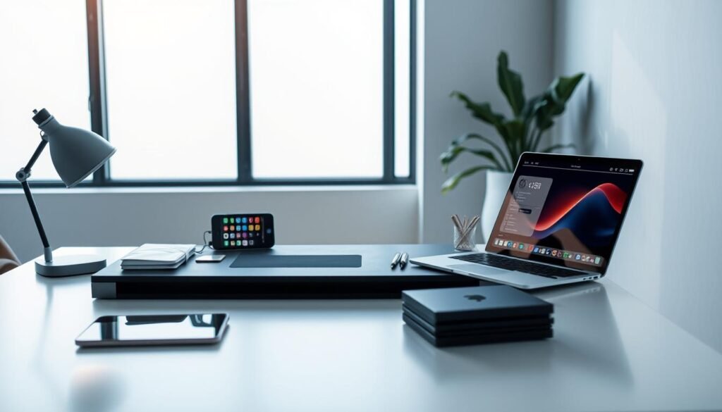 A sleek, modern workspace with a clean, minimalist aesthetic. A desk with a laptop, tablet, and various productivity apps and tools arranged neatly. Soft, diffused lighting from a large window casts a warm glow across the scene. In the background, a subtle pattern or texture on the wall adds depth and visual interest. The overall mood is one of focus, efficiency, and a sense of accomplishment. The image should convey the idea of harnessing technology to enhance daily productivity and workflow. A sleek, modern workspace with a clean, minimalist aesthetic. A desk with a laptop, tablet, and various productivity apps and tools arranged neatly. Soft, diffused lighting from a large window casts a warm glow across the scene. In the background, a subtle pattern or texture on the wall adds depth and visual interest. The overall mood is one of focus, efficiency, and a sense of accomplishment. The image should convey the idea of harnessing technology to enhance daily productivity and workflow.
