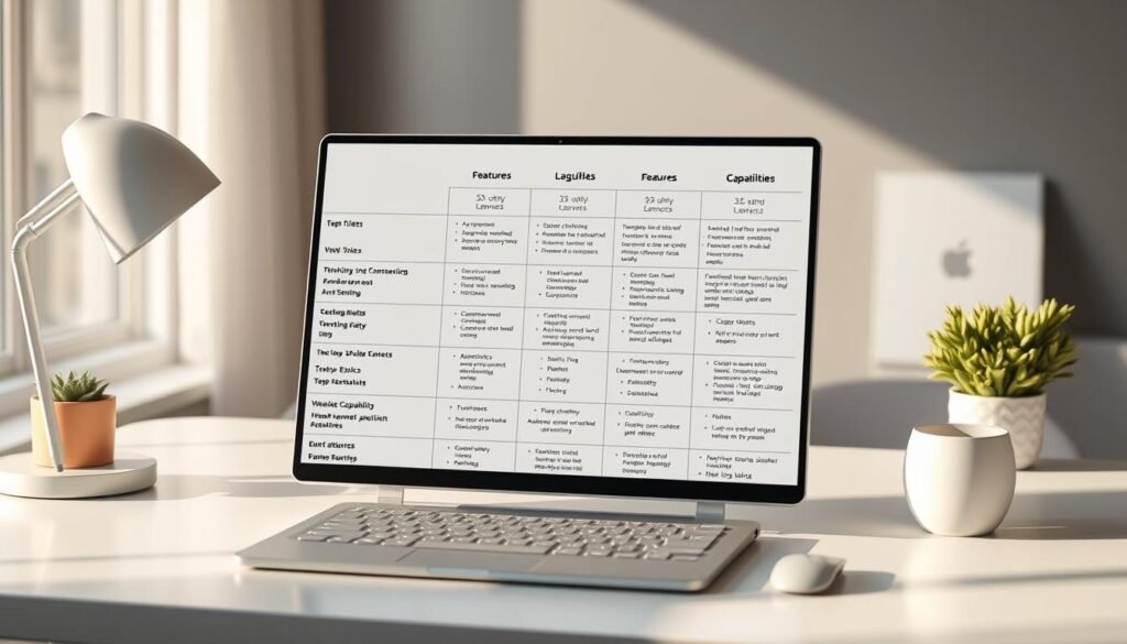 A sleek, professional comparison chart displayed on a modern, minimalist workspace. The chart showcases the key features and capabilities of various language learning apps, meticulously arranged in a clean, grid-like layout. Soft, natural lighting casts a warm glow, accentuating the clarity of the information. The chart is rendered in a high-resolution, detailed style, with crisp typography and carefully selected icons. The overall atmosphere is one of practicality and informed decision-making, suitable for an informative article on language learning platforms.