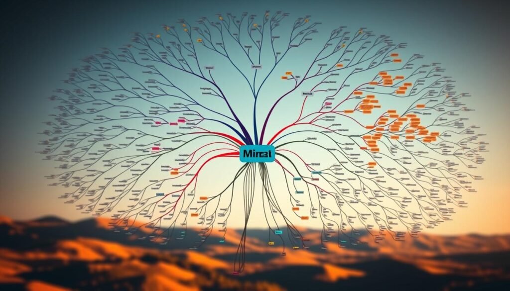 A sprawling mind map unfolds, its branches spreading wide to reveal a diverse array of alternatives to MindManager. In the foreground, a sleek, minimal interface showcases the key features of prominent mind mapping tools, their intuitive layouts and powerful diagramming capabilities. The middle ground is a swirling kaleidoscope of colorful nodes, connected by fluid lines that suggest the flexibility and customization options available. In the background, a soft, blurred landscape hints at the boundless possibilities for organizing ideas, planning projects, and boosting productivity. Warm lighting casts a gentle glow, evoking a sense of thoughtful contemplation and innovative problem-solving. A sprawling mind map unfolds, its branches spreading wide to reveal a diverse array of alternatives to MindManager. In the foreground, a sleek, minimal interface showcases the key features of prominent mind mapping tools, their intuitive layouts and powerful diagramming capabilities. The middle ground is a swirling kaleidoscope of colorful nodes, connected by fluid lines that suggest the flexibility and customization options available. In the background, a soft, blurred landscape hints at the boundless possibilities for organizing ideas, planning projects, and boosting productivity. Warm lighting casts a gentle glow, evoking a sense of thoughtful contemplation and innovative problem-solving.