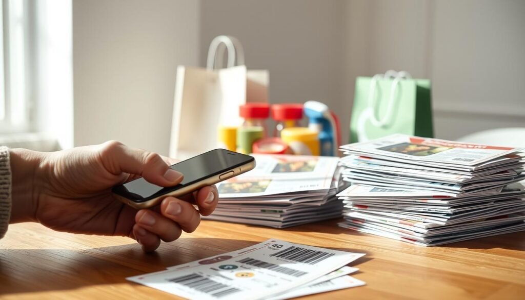 A stack of discount coupons and promo codes, arranged neatly on a wooden table in soft, natural lighting. In the foreground, a hand is holding a smartphone, scanning the barcodes and QR codes to apply the discounts. The middle ground features various product packages and shopping bags, hinting at the savings to be had. The background is a minimalist, white-walled setting, allowing the focal point of the discounts to shine. The overall mood is one of efficiency and satisfaction, conveying the ease of stacking discounts for maximum savings. A stack of discount coupons and promo codes, arranged neatly on a wooden table in soft, natural lighting. In the foreground, a hand is holding a smartphone, scanning the barcodes and QR codes to apply the discounts. The middle ground features various product packages and shopping bags, hinting at the savings to be had. The background is a minimalist, white-walled setting, allowing the focal point of the discounts to shine. The overall mood is one of efficiency and satisfaction, conveying the ease of stacking discounts for maximum savings.