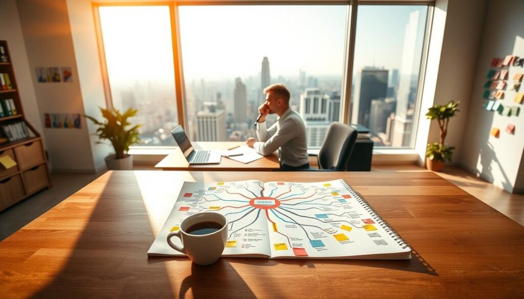 A sun-lit, airy office with a large, wooden desk in the foreground. On the desk, a laptop, a cup of coffee, and an open notebook showcasing a vibrant mind map, its branches and connections radiating with energy. In the middle ground, a person seated at the desk, deep in thought, pen in hand, surrounded by colorful sticky notes and charts. The background features a panoramic window overlooking a bustling city skyline, providing a sense of focus and productivity. The lighting is warm and natural, creating a sense of clarity and inspiration. The overall atmosphere is one of efficiency, organization, and a boost in cognitive abilities. A sun-lit, airy office with a large, wooden desk in the foreground. On the desk, a laptop, a cup of coffee, and an open notebook showcasing a vibrant mind map, its branches and connections radiating with energy. In the middle ground, a person seated at the desk, deep in thought, pen in hand, surrounded by colorful sticky notes and charts. The background features a panoramic window overlooking a bustling city skyline, providing a sense of focus and productivity. The lighting is warm and natural, creating a sense of clarity and inspiration. The overall atmosphere is one of efficiency, organization, and a boost in cognitive abilities.