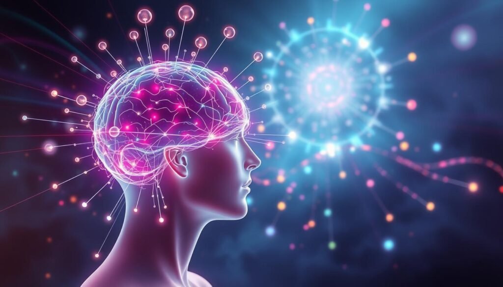 A surreal and mesmerizing scene of light and sound brain stimulation. In the foreground, a human head rendered in soft, ethereal hues, with intricate neural pathways pulsing with vivid, colorful energy. Surrounding the head, an array of futuristic, glowing orbs and beams of light, creating a captivating visual symphony. In the middle ground, abstract swirls and patterns of light and color, suggestive of the transformative effects of the technology. The background is enveloped in a dreamlike, atmospheric setting, with a sense of depth and mystery. The lighting is dramatic, creating a sense of depth and drama, while the overall composition is balanced and visually striking. A surreal and mesmerizing scene of light and sound brain stimulation. In the foreground, a human head rendered in soft, ethereal hues, with intricate neural pathways pulsing with vivid, colorful energy. Surrounding the head, an array of futuristic, glowing orbs and beams of light, creating a captivating visual symphony. In the middle ground, abstract swirls and patterns of light and color, suggestive of the transformative effects of the technology. The background is enveloped in a dreamlike, atmospheric setting, with a sense of depth and mystery. The lighting is dramatic, creating a sense of depth and drama, while the overall composition is balanced and visually striking.