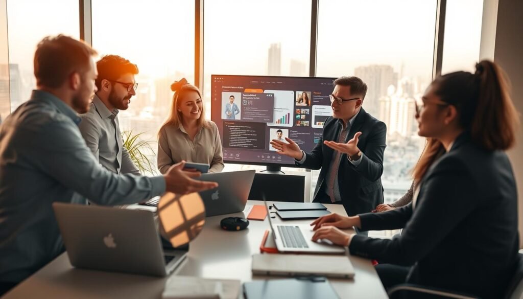 A team of professionals collaborating on a shared digital workspace, their laptops and devices arranged in a tidy, organized layout. The lighting is warm and inviting, creating a productive and focused atmosphere. In the foreground, colleagues discuss project plans and ideas, gesturing animatedly. In the middle ground, a large shared display shows progress updates and shared files. The background features a modern, minimalist office setting with large windows overlooking a vibrant cityscape. The overall scene conveys a sense of efficient teamwork, seamless communication, and a cohesive, productive work environment. A team of professionals collaborating on a shared digital workspace, their laptops and devices arranged in a tidy, organized layout. The lighting is warm and inviting, creating a productive and focused atmosphere. In the foreground, colleagues discuss project plans and ideas, gesturing animatedly. In the middle ground, a large shared display shows progress updates and shared files. The background features a modern, minimalist office setting with large windows overlooking a vibrant cityscape. The overall scene conveys a sense of efficient teamwork, seamless communication, and a cohesive, productive work environment.