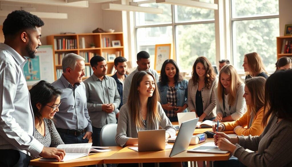 A vibrant classroom scene featuring a diverse group of professional tutors and community educators. In the foreground, a warm-lit group of tutors - men and women of various ages and ethnicities - engaged in animated discussion with students. In the middle ground, small tutoring groups gathered around tables, poring over textbooks and laptops. The background depicts an airy, sun-dappled learning space with large windows, bookshelves, and educational posters. The overall atmosphere is one of collaborative learning, with the tutors projecting an air of expertise, patience, and approachability. The lighting is soft and natural, creating a welcoming and productive environment. A vibrant classroom scene featuring a diverse group of professional tutors and community educators. In the foreground, a warm-lit group of tutors - men and women of various ages and ethnicities - engaged in animated discussion with students. In the middle ground, small tutoring groups gathered around tables, poring over textbooks and laptops. The background depicts an airy, sun-dappled learning space with large windows, bookshelves, and educational posters. The overall atmosphere is one of collaborative learning, with the tutors projecting an air of expertise, patience, and approachability. The lighting is soft and natural, creating a welcoming and productive environment.