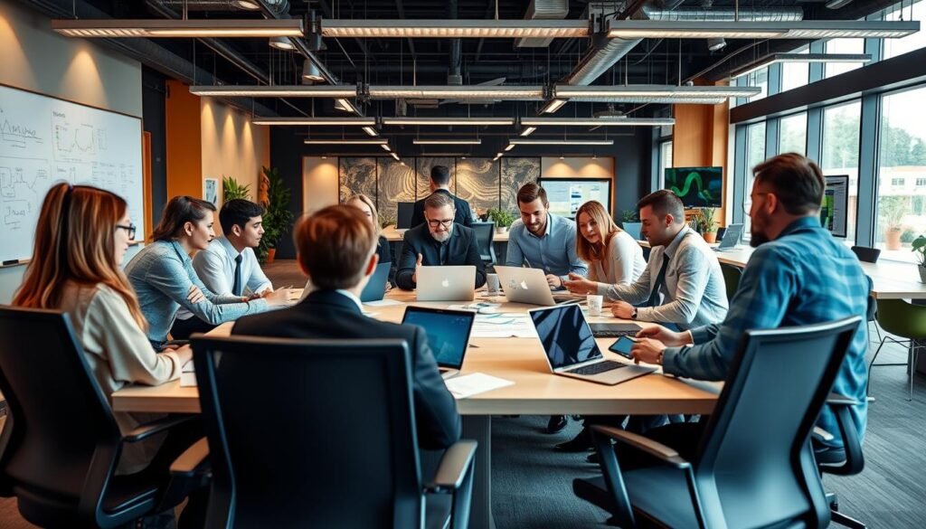 A vibrant collaboration workspace with a team of professionals engaged in productive discussions, strategizing, and utilizing various digital tools. The scene is well-lit, with a combination of natural and artificial lighting creating a warm, productive atmosphere. The foreground features a large conference table surrounded by ergonomic chairs, with laptops, tablets, and other devices scattered across the surface. In the middle ground, the team members are leaning in, gesturing animatedly as they review project plans and brainstorm ideas. The background showcases a modern, open-concept office space with large windows, colorful accents, and a variety of collaboration-enhancing technologies, such as whiteboards, interactive displays, and videoconferencing equipment.