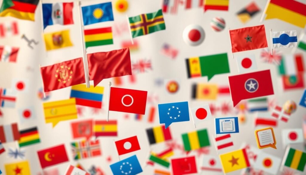 A vibrant collage of language learning symbols, featuring colorful flags, speech bubbles, and textbook icons floating against a soft, blurred background. The foreground is dominated by a dynamic arrangement of these visual elements, arranged in an eye-catching, asymmetrical composition. The lighting is warm and inviting, casting a gentle glow that enhances the playful, educational atmosphere. The overall mood is one of exploration, discovery, and the joy of language mastery. The image conveys a sense of the breadth and diversity of languages available on the Mondly platform, inviting the viewer to embark on their own linguistic journey. A vibrant collage of language learning symbols, featuring colorful flags, speech bubbles, and textbook icons floating against a soft, blurred background. The foreground is dominated by a dynamic arrangement of these visual elements, arranged in an eye-catching, asymmetrical composition. The lighting is warm and inviting, casting a gentle glow that enhances the playful, educational atmosphere. The overall mood is one of exploration, discovery, and the joy of language mastery. The image conveys a sense of the breadth and diversity of languages available on the Mondly platform, inviting the viewer to embark on their own linguistic journey.