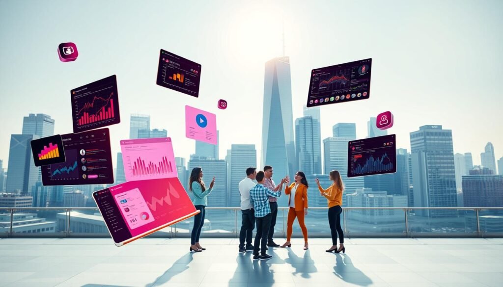 A vibrant, dynamic visual representation of "Instagram Growth Strategies" against a backdrop of a modern, minimalist cityscape. In the foreground, various social media analytics dashboards and growth hacking tools float in mid-air, data visualizations and infographics pulsing with energy. In the middle ground, a diverse group of social media influencers and marketers collaborate, gesticulating animatedly as they discuss growth-focused tactics. The background depicts a sleek, glass-and-steel metropolis, skyscrapers reaching up towards a bright, sun-dappled sky. The overall mood is one of technological innovation, entrepreneurial spirit, and a sense of forward momentum.