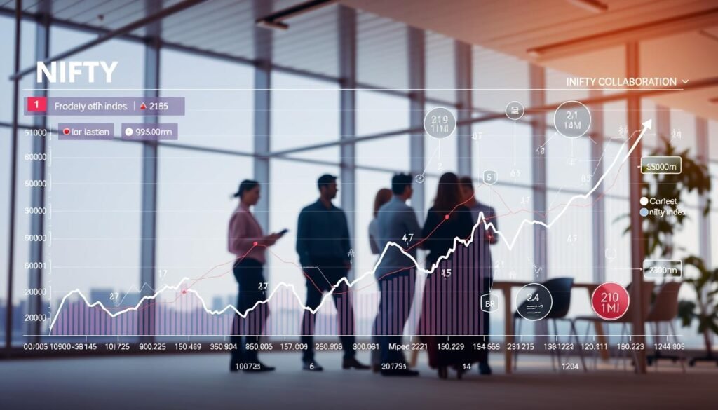 A vibrant infographic showcasing the Nifty index and its parallels to efficient team collaboration. In the foreground, a dynamic data visualization of the Nifty index, its fluctuations, and key performance indicators. In the middle ground, a group of diverse team members collaborating on a project, connected by flowing lines and arrows, symbolizing the synergies between the index and collaborative work. In the background, a sleek, modern office setting with large windows, evoking a sense of productivity and innovation. Soft, natural lighting illuminates the scene, creating a warm, inviting atmosphere. The overall composition conveys the intricate relationship between the Nifty index and the collaborative nature of successful project management. A vibrant infographic showcasing the Nifty index and its parallels to efficient team collaboration. In the foreground, a dynamic data visualization of the Nifty index, its fluctuations, and key performance indicators. In the middle ground, a group of diverse team members collaborating on a project, connected by flowing lines and arrows, symbolizing the synergies between the index and collaborative work. In the background, a sleek, modern office setting with large windows, evoking a sense of productivity and innovation. Soft, natural lighting illuminates the scene, creating a warm, inviting atmosphere. The overall composition conveys the intricate relationship between the Nifty index and the collaborative nature of successful project management.