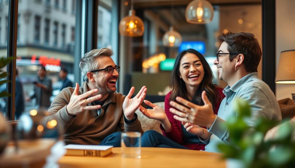 A vibrant scene of two people engaged in lively conversation, their faces animated with enthusiasm as they learn a new language together. The foreground features the pair sitting comfortably, gesturing expressively, their hands and body language conveying the natural flow of dialogue. The middle ground showcases a cozy, inviting interior, with warm lighting and cozy furnishings that create a welcoming atmosphere. In the background, a blurred window offers a glimpse of a bustling city street, suggesting the global connectivity and diversity that language learning enables. The overall mood is one of collaboration, discovery, and the joy of shared understanding.