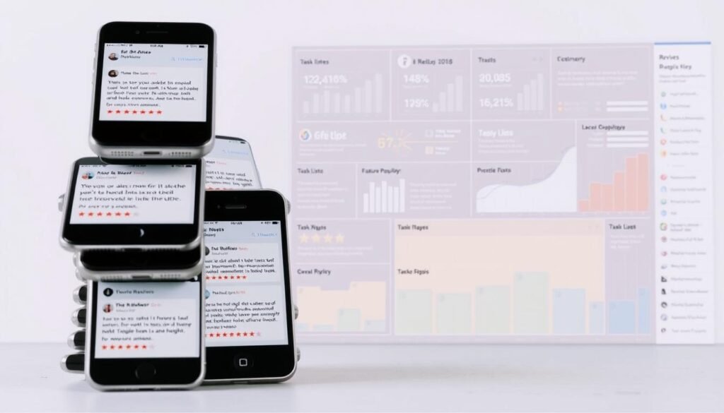 A visually compelling image of user reviews for a task management app. In the foreground, a stack of smartphone screens displaying detailed ratings and comments from satisfied and dissatisfied users, reflecting the diverse experiences with the app. The middle ground features an abstract data visualization of review metrics - star ratings, sentiment analysis, feature popularity, etc. - presented in an intuitive and aesthetically pleasing manner. The background subtly depicts the app's core functionality, such as task lists, calendars, and productivity tools, all rendered in a muted, supporting role. The overall composition conveys a sense of insightful user feedback that informs the app's ongoing development and improvement, complementing the article's focus on user experiences with Todoist. A visually compelling image of user reviews for a task management app. In the foreground, a stack of smartphone screens displaying detailed ratings and comments from satisfied and dissatisfied users, reflecting the diverse experiences with the app. The middle ground features an abstract data visualization of review metrics - star ratings, sentiment analysis, feature popularity, etc. - presented in an intuitive and aesthetically pleasing manner. The background subtly depicts the app's core functionality, such as task lists, calendars, and productivity tools, all rendered in a muted, supporting role. The overall composition conveys a sense of insightful user feedback that informs the app's ongoing development and improvement, complementing the article's focus on user experiences with Todoist.