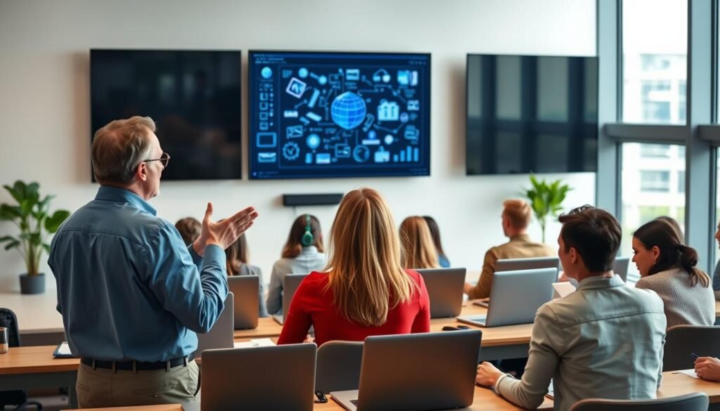 A well-lit classroom setting with industry experts passionately teaching an online course. In the foreground, three seasoned professionals stand at the front of the room, gesturing animatedly as they explain complex industry concepts on a large screen behind them. The middle ground features a diverse group of attentive students, laptops open, eagerly taking notes. The background showcases a modern, tech-savvy environment with sleek furnishings and large windows flooding the space with natural light, conveying a sense of professionalism and expertise. The overall mood is one of engaged learning, with the experts exuding confidence and the students exhibiting a strong desire to gain valuable, industry-relevant knowledge. A well-lit classroom setting with industry experts passionately teaching an online course. In the foreground, three seasoned professionals stand at the front of the room, gesturing animatedly as they explain complex industry concepts on a large screen behind them. The middle ground features a diverse group of attentive students, laptops open, eagerly taking notes. The background showcases a modern, tech-savvy environment with sleek furnishings and large windows flooding the space with natural light, conveying a sense of professionalism and expertise. The overall mood is one of engaged learning, with the experts exuding confidence and the students exhibiting a strong desire to gain valuable, industry-relevant knowledge.