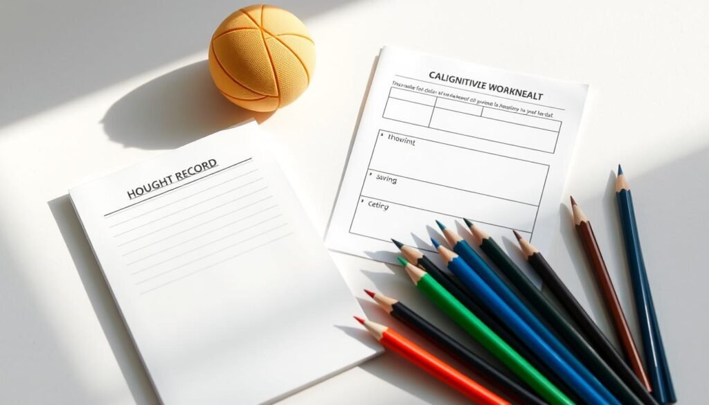 A well-lit, close-up shot of a variety of cognitive-behavioral therapy (CBT) tools, including a journal, a thought record worksheet, a stress ball, and a set of colored pens or pencils. The tools are arranged neatly on a clean, minimalist desk or table, with a neutral background that allows the focus to remain on the therapeutic materials. The lighting is soft and natural, creating a calming, professional atmosphere. The composition is balanced and visually appealing, showcasing the essential elements of the CBT toolkit in a manner that would be suitable for an informative article on online therapy resources. A well-lit, close-up shot of a variety of cognitive-behavioral therapy (CBT) tools, including a journal, a thought record worksheet, a stress ball, and a set of colored pens or pencils. The tools are arranged neatly on a clean, minimalist desk or table, with a neutral background that allows the focus to remain on the therapeutic materials. The lighting is soft and natural, creating a calming, professional atmosphere. The composition is balanced and visually appealing, showcasing the essential elements of the CBT toolkit in a manner that would be suitable for an informative article on online therapy resources.
