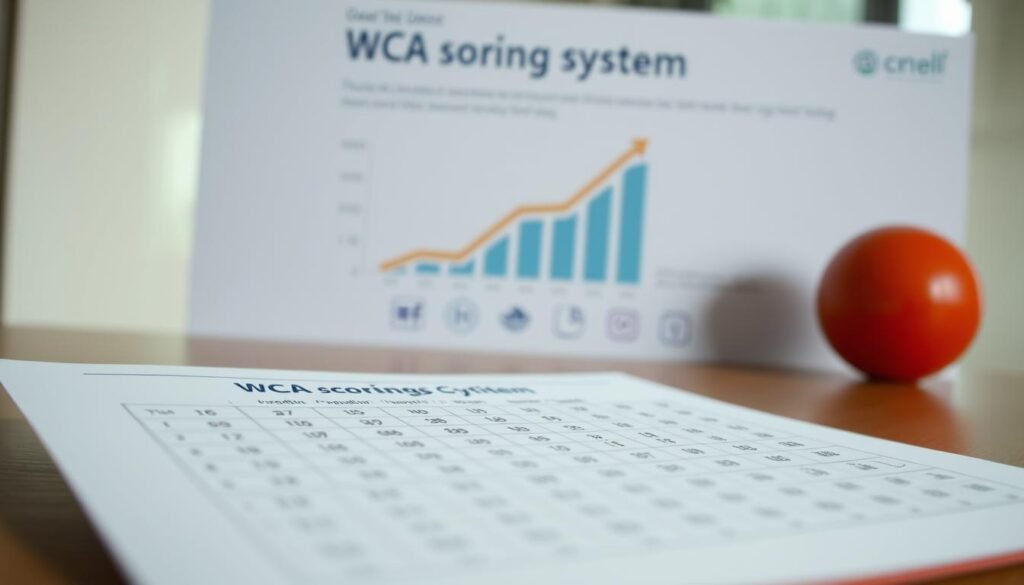 A well-lit, detailed illustration of the WCA scoring system, depicting a clean and organized visual representation. The foreground showcases a comprehensive chart with numerical scoring criteria, arranged in a grid-like layout. The middle ground features a prominent graph or chart visualizing the overall assessment process, with clear data visualization elements. The background subtly includes symbols or icons associated with work capability assessments, conveying a sense of professionalism and authority. The scene is captured with a slightly elevated camera angle, creating a sense of clarity and understanding. The overall mood is one of informative precision, guiding the viewer through the intricacies of the WCA scoring methodology. A well-lit, detailed illustration of the WCA scoring system, depicting a clean and organized visual representation. The foreground showcases a comprehensive chart with numerical scoring criteria, arranged in a grid-like layout. The middle ground features a prominent graph or chart visualizing the overall assessment process, with clear data visualization elements. The background subtly includes symbols or icons associated with work capability assessments, conveying a sense of professionalism and authority. The scene is captured with a slightly elevated camera angle, creating a sense of clarity and understanding. The overall mood is one of informative precision, guiding the viewer through the intricacies of the WCA scoring methodology.