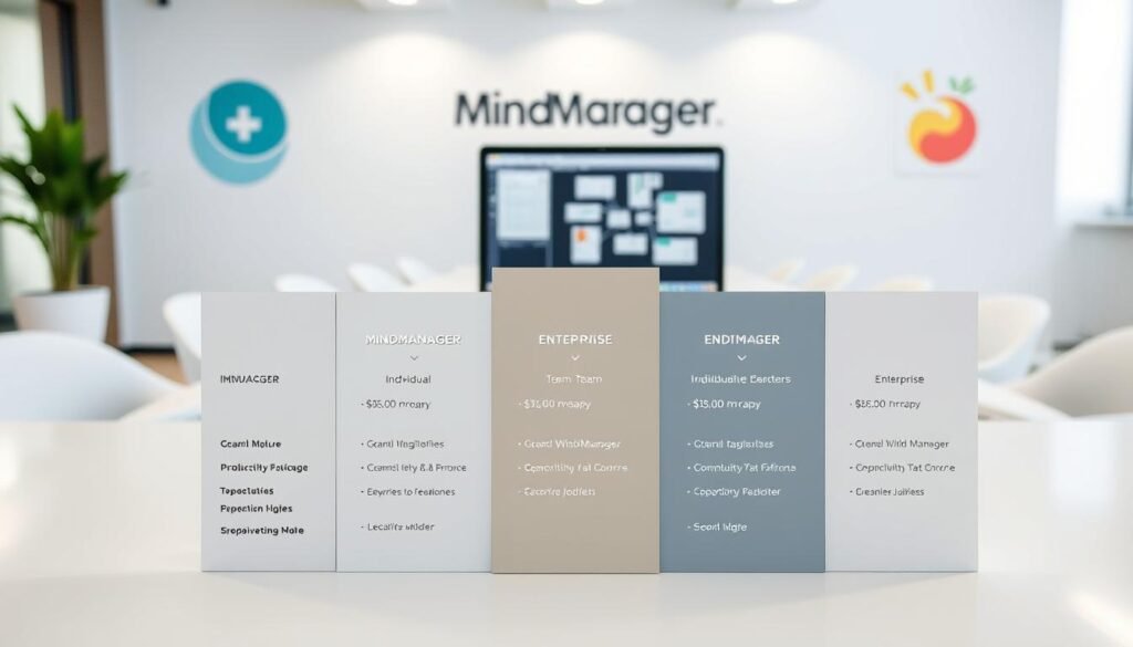 A well-lit, high-resolution, detailed image of MindManager's pricing plans. The foreground features a clean, minimalist table showcasing the different plan tiers, including individual, team, and enterprise options, along with their respective features and pricing. The middle ground shows a laptop or tablet displaying the MindManager user interface, highlighting its productivity and mind mapping capabilities. The background depicts a modern, professional office setting with clean lines, natural light, and subtle branding elements that complement the MindManager brand. The overall composition conveys a sense of clarity, professionalism, and the value proposition of MindManager's comprehensive suite of tools and services. A well-lit, high-resolution, detailed image of MindManager's pricing plans. The foreground features a clean, minimalist table showcasing the different plan tiers, including individual, team, and enterprise options, along with their respective features and pricing. The middle ground shows a laptop or tablet displaying the MindManager user interface, highlighting its productivity and mind mapping capabilities. The background depicts a modern, professional office setting with clean lines, natural light, and subtle branding elements that complement the MindManager brand. The overall composition conveys a sense of clarity, professionalism, and the value proposition of MindManager's comprehensive suite of tools and services.