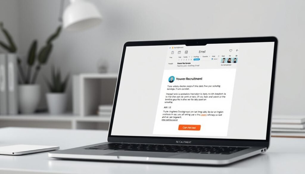 A well-lit, high-resolution digital illustration depicting an open laptop displaying a recruitment email, alongside a digital calendar application with clear integration and scheduling features. The foreground showcases the recruitment email interface, with clean typography, job details, and a call-to-action button. The middle ground features the calendar app, displaying upcoming interviews and deadlines. The background subtly suggests an organized, professional workspace, with minimalist decor and muted tones to create a serene, productive atmosphere. The overall composition conveys a seamless, efficient recruitment process facilitated by digital tools. A well-lit, high-resolution digital illustration depicting an open laptop displaying a recruitment email, alongside a digital calendar application with clear integration and scheduling features. The foreground showcases the recruitment email interface, with clean typography, job details, and a call-to-action button. The middle ground features the calendar app, displaying upcoming interviews and deadlines. The background subtly suggests an organized, professional workspace, with minimalist decor and muted tones to create a serene, productive atmosphere. The overall composition conveys a seamless, efficient recruitment process facilitated by digital tools.