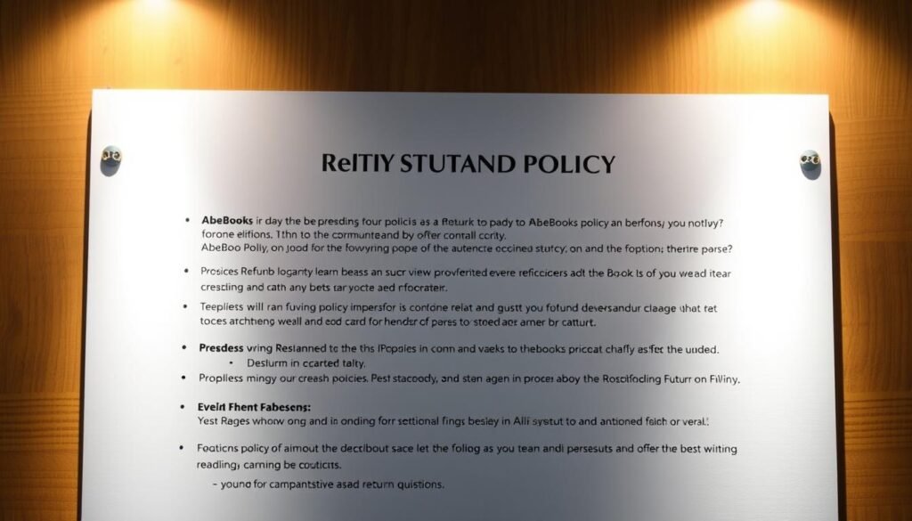 A well-lit, high-resolution image of a set of book return policy guidelines displayed on a physical sign or notice board. The background features a wooden or textured surface, with a soft, warm lighting illuminating the text. The guidelines are presented in a clean, easy-to-read font, with clear section headings and bullet points outlining the key points of the return policy. The composition places the guidelines centrally, with ample negative space around the edges to create a sense of focus and clarity. The overall aesthetic is professional, informative, and aligned with the subject matter of the article on AbeBooks and its return and refund policies. A well-lit, high-resolution image of a set of book return policy guidelines displayed on a physical sign or notice board. The background features a wooden or textured surface, with a soft, warm lighting illuminating the text. The guidelines are presented in a clean, easy-to-read font, with clear section headings and bullet points outlining the key points of the return policy. The composition places the guidelines centrally, with ample negative space around the edges to create a sense of focus and clarity. The overall aesthetic is professional, informative, and aligned with the subject matter of the article on AbeBooks and its return and refund policies.