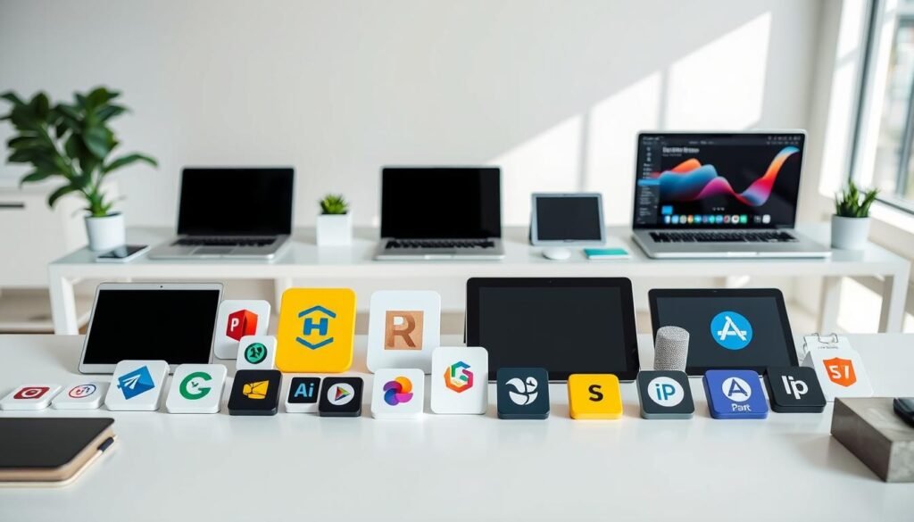 A well-lit, high-resolution image of a sleek and modern productivity tools comparison on a minimalist desk setup. In the foreground, various software icons and app logos are arranged neatly, representing popular productivity and marketing apps. The middle ground features several laptops and tablets, showcasing the versatility of these tools across different devices. The background depicts a clean, airy workspace with ample natural lighting, creating a serene and focused atmosphere. The overall composition emphasizes the efficiency, simplicity, and synergy of the productivity tools, inviting the viewer to explore the best software deals on Appsumo. A well-lit, high-resolution image of a sleek and modern productivity tools comparison on a minimalist desk setup. In the foreground, various software icons and app logos are arranged neatly, representing popular productivity and marketing apps. The middle ground features several laptops and tablets, showcasing the versatility of these tools across different devices. The background depicts a clean, airy workspace with ample natural lighting, creating a serene and focused atmosphere. The overall composition emphasizes the efficiency, simplicity, and synergy of the productivity tools, inviting the viewer to explore the best software deals on Appsumo.