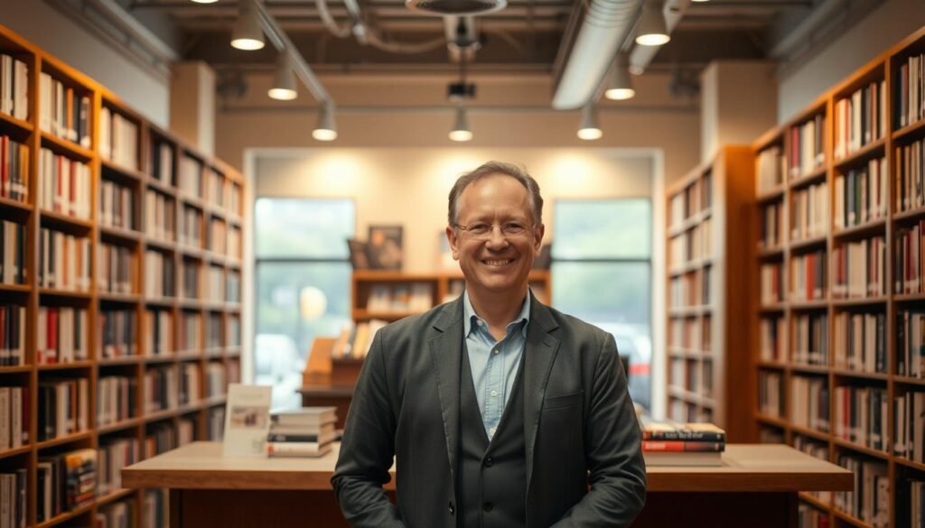 A well-lit, modern bookshop interior with a central wooden counter. Behind the counter, rows of neatly organized bookshelves line the walls, exuding an aura of professionalism and reliability. The lighting is warm and inviting, creating a cozy atmosphere. In the foreground, a friendly-looking, middle-aged bookseller stands behind the counter, smiling and ready to assist customers. The bookseller's attire is smart and tidy, conveying a sense of trustworthiness. The overall scene suggests a dependable and reputable establishment where customers can confidently purchase books. A well-lit, modern bookshop interior with a central wooden counter. Behind the counter, rows of neatly organized bookshelves line the walls, exuding an aura of professionalism and reliability. The lighting is warm and inviting, creating a cozy atmosphere. In the foreground, a friendly-looking, middle-aged bookseller stands behind the counter, smiling and ready to assist customers. The bookseller's attire is smart and tidy, conveying a sense of trustworthiness. The overall scene suggests a dependable and reputable establishment where customers can confidently purchase books.