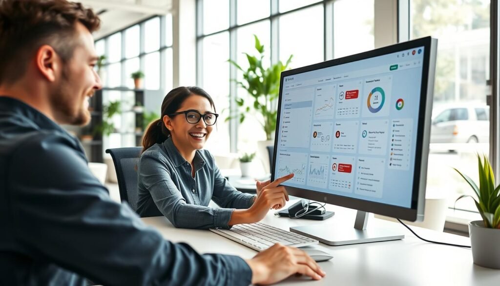 A well-lit, modern office interior with a large desk and computer setup. In the foreground, a user interacts with a sleek customer relationship management (CRM) software interface on a high-resolution display. The user's expression conveys ease and satisfaction as they navigate through various features and dashboards. In the middle ground, other office furnishings, such as shelves and potted plants, create a clean and professional atmosphere. The background features large windows, allowing natural light to pour in and illuminate the space. The overall scene captures the seamless, intuitive user experience of the CRM system, reflecting the positive sentiments of its users. A well-lit, modern office interior with a large desk and computer setup. In the foreground, a user interacts with a sleek customer relationship management (CRM) software interface on a high-resolution display. The user's expression conveys ease and satisfaction as they navigate through various features and dashboards. In the middle ground, other office furnishings, such as shelves and potted plants, create a clean and professional atmosphere. The background features large windows, allowing natural light to pour in and illuminate the space. The overall scene captures the seamless, intuitive user experience of the CRM system, reflecting the positive sentiments of its users.