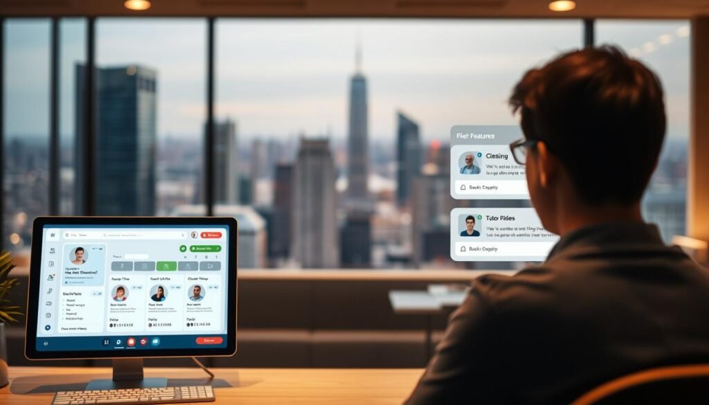 A well-lit, modern online tutoring platform interface. In the foreground, a student and tutor engaged in a video call, with clean UI elements like video frames, virtual whiteboards, and text chat. In the middle ground, an overview of the platform's main features - class schedules, tutor profiles, and booking options. The background depicts a blurred cityscape, suggesting a global, interconnected network of tutors and students. The scene has a crisp, professional aesthetic with subtle warm lighting to create a welcoming, productive atmosphere. A well-lit, modern online tutoring platform interface. In the foreground, a student and tutor engaged in a video call, with clean UI elements like video frames, virtual whiteboards, and text chat. In the middle ground, an overview of the platform's main features - class schedules, tutor profiles, and booking options. The background depicts a blurred cityscape, suggesting a global, interconnected network of tutors and students. The scene has a crisp, professional aesthetic with subtle warm lighting to create a welcoming, productive atmosphere.