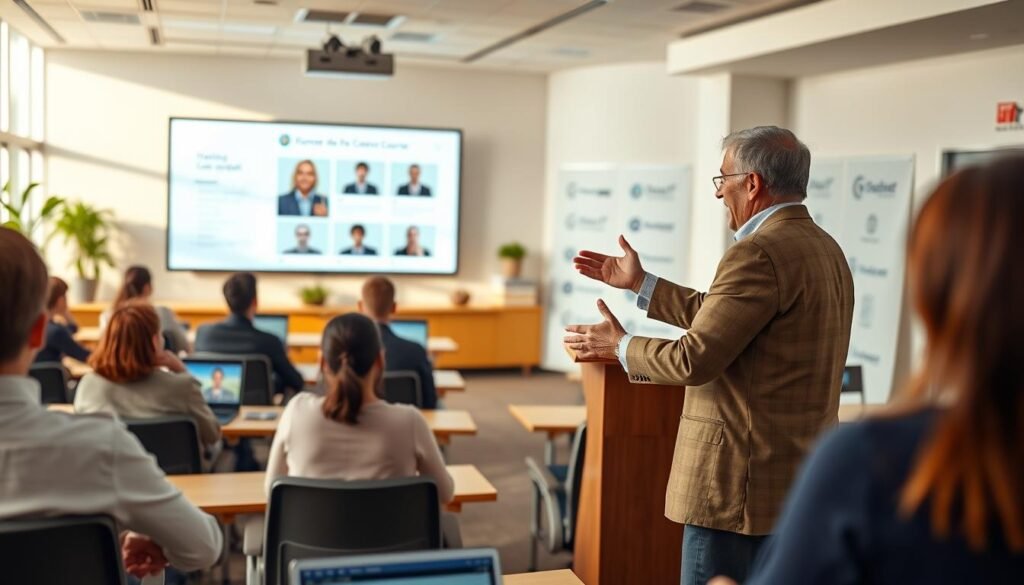A well-lit, modern virtual classroom with a friendly, engaging instructor leading an online course. The foreground shows the instructor standing at a podium, gesturing expressively while presenting slides on a large screen behind them. The middle ground features several rows of focused, attentive students participating via webcams and chat. The background showcases a clean, professional virtual environment with subtle branding elements. Warm, natural lighting creates a welcoming atmosphere, while a shallow depth of field adds a sense of depth and focus. The overall scene conveys a high-quality, interactive online learning experience. A well-lit, modern virtual classroom with a friendly, engaging instructor leading an online course. The foreground shows the instructor standing at a podium, gesturing expressively while presenting slides on a large screen behind them. The middle ground features several rows of focused, attentive students participating via webcams and chat. The background showcases a clean, professional virtual environment with subtle branding elements. Warm, natural lighting creates a welcoming atmosphere, while a shallow depth of field adds a sense of depth and focus. The overall scene conveys a high-quality, interactive online learning experience.