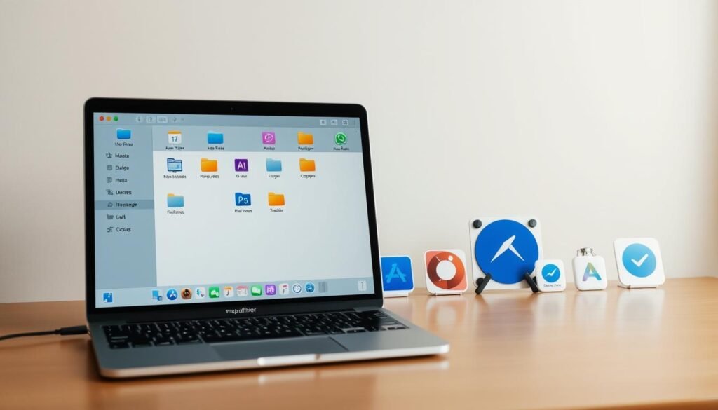 A well-organized and visually appealing desktop scene showcasing a variety of macOS utility applications. In the foreground, a sleek, modern desktop with a pristine Finder window displaying organized folders and files. In the middle ground, several app icons are neatly arranged, including a system monitor, file manager, and productivity tools. The background features a subtle, warm-toned wallpaper that complements the overall aesthetic. The lighting is natural and diffused, creating a sense of depth and clarity. The camera angle is slightly elevated, providing an optimal view of the desktop layout and app organization. The overall mood is one of efficiency, organization, and streamlined productivity. A well-organized and visually appealing desktop scene showcasing a variety of macOS utility applications. In the foreground, a sleek, modern desktop with a pristine Finder window displaying organized folders and files. In the middle ground, several app icons are neatly arranged, including a system monitor, file manager, and productivity tools. The background features a subtle, warm-toned wallpaper that complements the overall aesthetic. The lighting is natural and diffused, creating a sense of depth and clarity. The camera angle is slightly elevated, providing an optimal view of the desktop layout and app organization. The overall mood is one of efficiency, organization, and streamlined productivity.