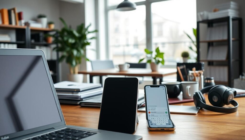 A well-organized workspace filled with a variety of productivity tools. In the foreground, a laptop, a sleek smartphone, and a minimalist task management app interface. In the middle ground, a sturdy desk with a plant, a mug of coffee, and a pair of noise-cancelling headphones. The background features a clean, modern interior with large windows allowing natural light to flood the space, creating a serene and focused atmosphere. The overall scene conveys a sense of efficiency, organization, and a productive mindset, ideal for tackling tasks and projects with Todoist.