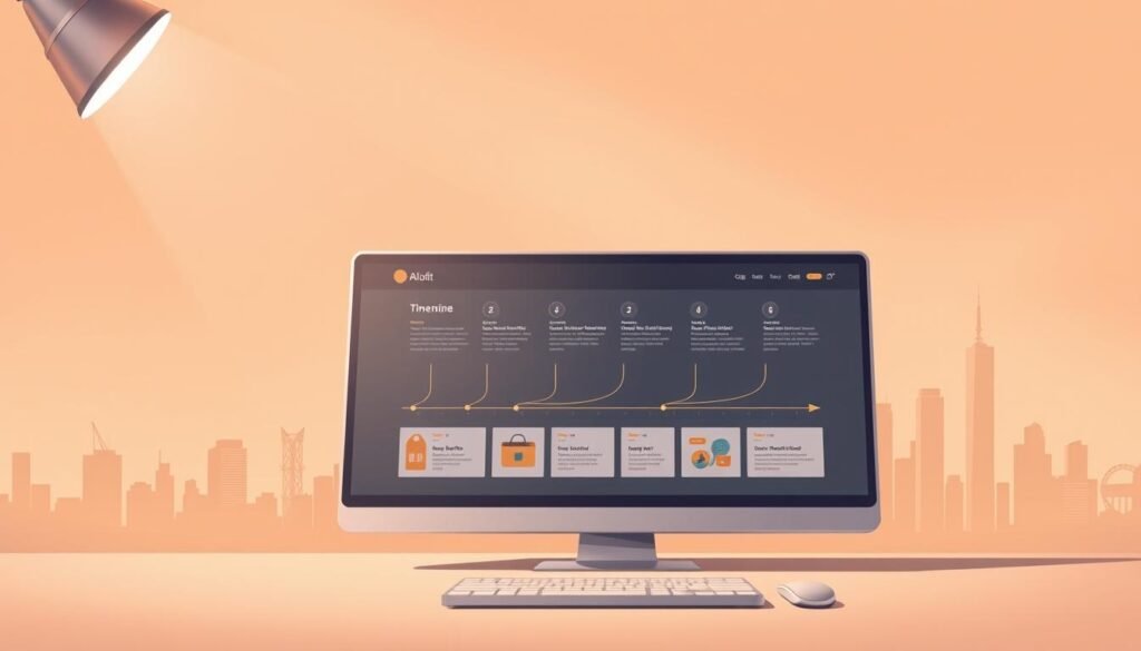 Detailed digital illustration depicting the evolution of an online website marketplace platform. Prominent in the foreground, a modern web interface with minimalist design, clean lines, and intuitive user controls. In the middle ground, a timeline visualization showcases the platform's growth trajectory, with milestones and key feature additions highlighted. The background features a cityscape silhouette, conveying the platform's global reach and impact. Warm, muted color palette with subtle gradients, creating a professional, authoritative atmosphere. Realistic lighting from an upper-left angle casts dynamic shadows, adding depth and dimensionality to the scene.