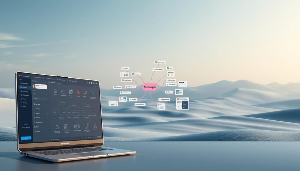 Detailed digital illustration showcasing the key features of MindManager, a powerful mind mapping software. In the foreground, a sleek and intuitive user interface with tools for creating, organizing, and visualizing ideas. In the middle ground, various mind map structures and layouts demonstrating the software's versatility. In the background, a serene, minimalist landscape with subtle textures, creating a balanced and professional atmosphere. Soft, directional lighting illuminates the scene, highlighting the software's capabilities. Rendered with a photorealistic style and a focus on clean lines, vibrant colors, and a touch of modern elegance.