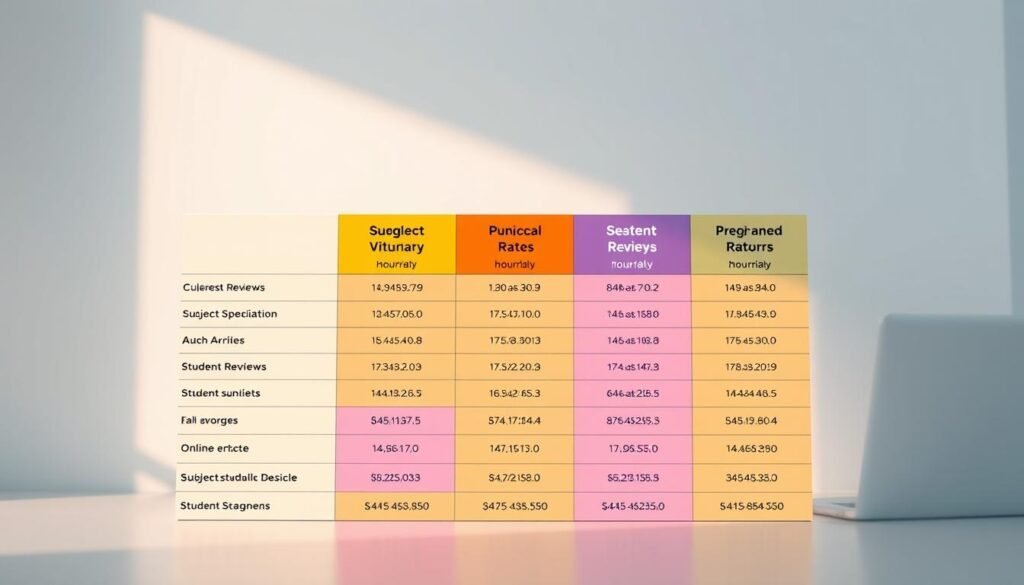 Detailed price comparison table showcasing online tutoring services, set against a clean, modern background. The table features a grid of columns highlighting key metrics such as hourly rates, subject specialties, and student reviews. Vibrant colors and sleek typography create an informative yet visually appealing layout. Diffused lighting casts a soft, professional glow, while a subtle gradient in the background adds depth and sophistication. The overall mood is one of transparent, data-driven decision making, guiding users towards the most suitable online tutoring option. Detailed price comparison table showcasing online tutoring services, set against a clean, modern background. The table features a grid of columns highlighting key metrics such as hourly rates, subject specialties, and student reviews. Vibrant colors and sleek typography create an informative yet visually appealing layout. Diffused lighting casts a soft, professional glow, while a subtle gradient in the background adds depth and sophistication. The overall mood is one of transparent, data-driven decision making, guiding users towards the most suitable online tutoring option.