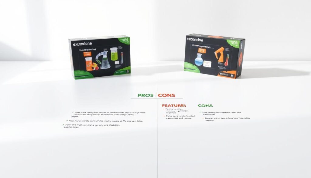 Pros and cons of science experiment boxes, neatly arranged on a clean, white surface. In the foreground, the boxes are meticulously detailed, showcasing their sleek, modern design and high-quality materials. The middle ground features a balanced layout, with the pros highlighted in vibrant green and the cons in a muted red, creating a sense of visual harmony. The background is a softly lit, minimalist environment, allowing the focus to remain on the experiment boxes and their features. Subtle shadows and highlights add depth and dimensionality, giving the scene a sense of depth and realism. The overall mood is one of thoughtful contemplation, encouraging the viewer to weigh the merits and drawbacks of these educational tools.