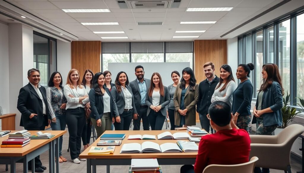 Warm, well-lit classroom setting with a group of qualified language tutors. In the foreground, a diverse group of attentive, knowledgeable instructors standing or sitting, engaging with students. Mid-ground shows a range of educational materials, from textbooks to language-learning technology. The background depicts a serene, calming environment with large windows, modern furnishings, and an atmosphere of intellectual curiosity. The overall mood is one of professionalism, expertise, and a dedication to helping students excel in their language-learning journey. Warm, well-lit classroom setting with a group of qualified language tutors. In the foreground, a diverse group of attentive, knowledgeable instructors standing or sitting, engaging with students. Mid-ground shows a range of educational materials, from textbooks to language-learning technology. The background depicts a serene, calming environment with large windows, modern furnishings, and an atmosphere of intellectual curiosity. The overall mood is one of professionalism, expertise, and a dedication to helping students excel in their language-learning journey.