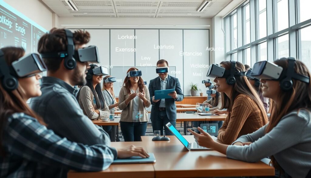 a detailed and dynamic scene of augmented reality language learning, set in a modern and well-lit classroom environment. The foreground features a group of diverse students wearing AR headsets, engaged in interactive digital lessons and exercises projected onto the walls and tabletops around them. The middle ground showcases a teacher using a tablet to guide and monitor the students' progress, with holographic language learning aids and vocabulary floating in the air. The background depicts an expansive, high-ceilinged room with large windows, allowing natural light to flood the space and create a sense of openness and technological advancement. The overall mood is one of immersion, collaboration, and the seamless integration of cutting-edge AR technology into the language learning experience. a detailed and dynamic scene of augmented reality language learning, set in a modern and well-lit classroom environment. The foreground features a group of diverse students wearing AR headsets, engaged in interactive digital lessons and exercises projected onto the walls and tabletops around them. The middle ground showcases a teacher using a tablet to guide and monitor the students' progress, with holographic language learning aids and vocabulary floating in the air. The background depicts an expansive, high-ceilinged room with large windows, allowing natural light to flood the space and create a sense of openness and technological advancement. The overall mood is one of immersion, collaboration, and the seamless integration of cutting-edge AR technology into the language learning experience.