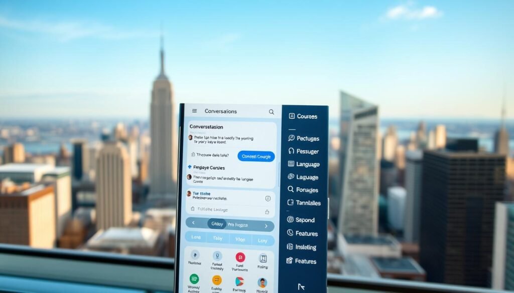 a detailed, interactive interface for a language learning app, featuring a clean, modern design with a focus on user engagement. The foreground shows a central screen displaying a conversational lesson, with interactive elements like speech bubbles, audio controls, and progress indicators. The middle ground includes a sidebar menu with options for different language courses, lessons, and features. The background depicts a softly blurred city skyline, suggesting a sense of global connectivity. The lighting is natural and evenly distributed, creating a warm, inviting atmosphere. The camera angle is slightly elevated, giving a broad view of the interface's layout and functionality. a detailed, interactive interface for a language learning app, featuring a clean, modern design with a focus on user engagement. The foreground shows a central screen displaying a conversational lesson, with interactive elements like speech bubbles, audio controls, and progress indicators. The middle ground includes a sidebar menu with options for different language courses, lessons, and features. The background depicts a softly blurred city skyline, suggesting a sense of global connectivity. The lighting is natural and evenly distributed, creating a warm, inviting atmosphere. The camera angle is slightly elevated, giving a broad view of the interface's layout and functionality.