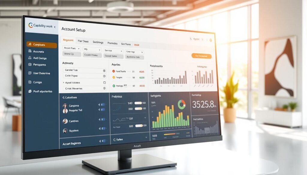 a detailed, photorealistic account setup dashboard with a clean, modern interface. The dashboard is displayed on a large, high-resolution monitor in a well-lit office setting, with natural lighting streaming in through large windows. The foreground features various input fields, toggle switches, and dropdown menus for configuring account details, payment information, and user preferences. In the middle ground, there are charts, graphs, and data visualizations providing an overview of the account's performance and usage metrics. The background showcases a minimalist, minimalist decor with hints of greenery and abstract art on the walls, conveying a sense of professionalism and productivity. The overall mood is one of efficiency, organization, and attention to detail, reflecting the care and thought put into setting up a Capability.work account. a detailed, photorealistic account setup dashboard with a clean, modern interface. The dashboard is displayed on a large, high-resolution monitor in a well-lit office setting, with natural lighting streaming in through large windows. The foreground features various input fields, toggle switches, and dropdown menus for configuring account details, payment information, and user preferences. In the middle ground, there are charts, graphs, and data visualizations providing an overview of the account's performance and usage metrics. The background showcases a minimalist, minimalist decor with hints of greenery and abstract art on the walls, conveying a sense of professionalism and productivity. The overall mood is one of efficiency, organization, and attention to detail, reflecting the care and thought put into setting up a Capability.work account.
