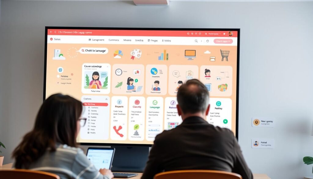 a professional online language learning platform with a clean, modern user interface. The foreground shows a virtual classroom with a teacher and several students participating in an interactive lesson, using various digital tools and content. The middle ground features a section for course management, scheduling, and student progress tracking. The background showcases a vibrant, yet calming color palette with illustrations and icons representing different languages and learning methodologies. The lighting is soft and diffused, creating a warm and inviting atmosphere. The camera angle is slightly elevated, providing a comprehensive view of the platform's key features and functionalities. a professional online language learning platform with a clean, modern user interface. The foreground shows a virtual classroom with a teacher and several students participating in an interactive lesson, using various digital tools and content. The middle ground features a section for course management, scheduling, and student progress tracking. The background showcases a vibrant, yet calming color palette with illustrations and icons representing different languages and learning methodologies. The lighting is soft and diffused, creating a warm and inviting atmosphere. The camera angle is slightly elevated, providing a comprehensive view of the platform's key features and functionalities.