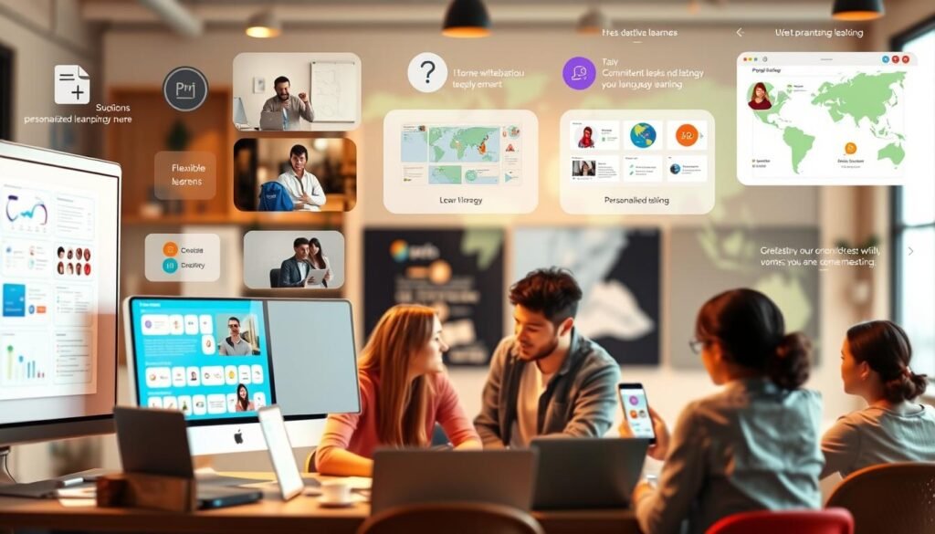 a vivid, photorealistic image of various flexible language learning options for Preply, featuring a well-organized and visually appealing layout. The foreground showcases a diverse range of interactive learning tools and resources, such as virtual whiteboards, video conferencing, and mobile apps, all with a clean, modern design. The middle ground depicts a group of learners and tutors engaged in dynamic, personalized learning sessions, captured in a warm, inviting lighting. The background subtly suggests the global reach and accessibility of Preply's online platform, with a softly blurred map or globe providing a sense of international connectivity. The overall mood is one of productivity, collaboration, and a commitment to flexible, customized language learning experiences. a vivid, photorealistic image of various flexible language learning options for Preply, featuring a well-organized and visually appealing layout. The foreground showcases a diverse range of interactive learning tools and resources, such as virtual whiteboards, video conferencing, and mobile apps, all with a clean, modern design. The middle ground depicts a group of learners and tutors engaged in dynamic, personalized learning sessions, captured in a warm, inviting lighting. The background subtly suggests the global reach and accessibility of Preply's online platform, with a softly blurred map or globe providing a sense of international connectivity. The overall mood is one of productivity, collaboration, and a commitment to flexible, customized language learning experiences.