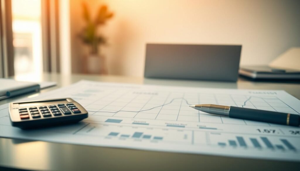 A blueprint of financial success, a detailed schematic of wealth-building strategies. In the foreground, a sleek, minimalist graph charts the path to fiscal prosperity, its lines and curves guiding the viewer's eye. In the middle ground, a calculator and a pen rest on a neatly organized desk, symbolizing the analytical rigor required. The background is a serene, softly lit office space, conveying a sense of focus and intentionality. The lighting is warm and inviting, casting a glow that suggests the transformative power of a well-crafted financial plan. The overall composition communicates a sense of control, clarity, and the promise of financial stability.