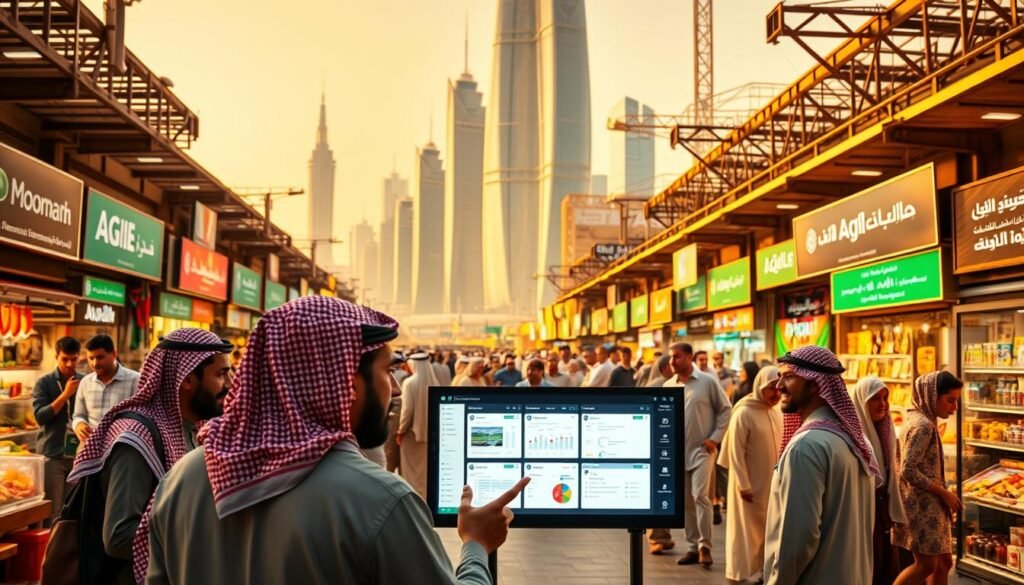 A bustling Saudi Arabian marketplace, with merchants and shoppers navigating the vibrant stalls. In the foreground, a group of agile software developers discuss Agile methodology, gesticulating animatedly. The middle ground features a large digital display showcasing Agile project management tools, their sleek interfaces drawing the eye. In the background, towering skyscrapers and modern infrastructure hint at the country's rapid technological transformation. Warm, golden lighting casts a dynamic glow over the scene, capturing the energy and innovation of Agile's embrace within the Saudi Arabian market.
