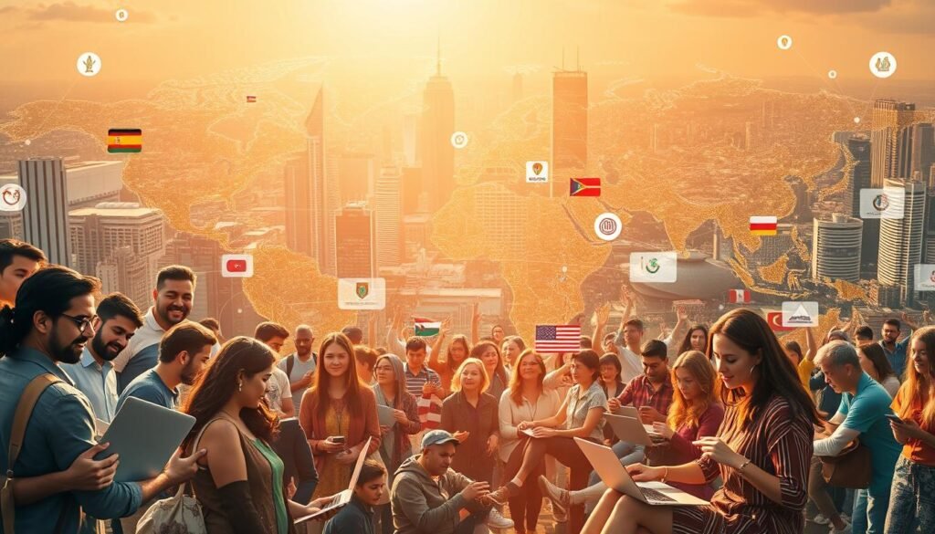 A bustling global network of freelancers, each a beacon of expertise, collaborating across continents. In the foreground, a diverse array of digital nomads, laptop-wielding creatives, and remote professionals, their faces alight with the thrill of innovative work. In the middle ground, a tapestry of cultural symbols and national flags, weaving a vibrant tapestry of international connections. In the background, a dynamic cityscape of skyscrapers and tech hubs, pulsing with the energy of a world united by the digital age. Warm, diffused lighting casts a dreamlike glow, capturing the synergy and boundless potential of Fiverr's global freelance community.